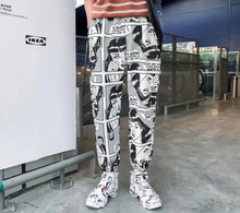 Load image into Gallery viewer, Tide brand hip hop newspaper pants men and women pants ins the same paragraph street loose beam pants national tide