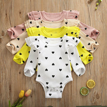 Load image into Gallery viewer, Baby Heart Print Ruffles Romper clothing Infant Newborn Girls Valentine's Day Jumpsuit autumn rib knit clothing Outfits Clothes