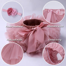 Load image into Gallery viewer, Baby girl tutu skirt 2pcs tulle lace bloomers diaper cover Newborn infant outfits Mauv headband flower set Baby mesh bloomer