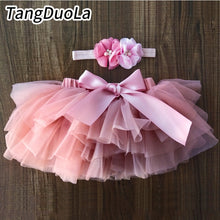 Load image into Gallery viewer, Baby girl tutu skirt 2pcs tulle lace bloomers diaper cover Newborn infant outfits Mauv headband flower set Baby mesh bloomer