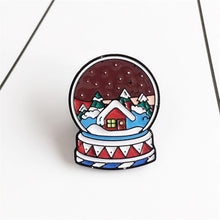 Load image into Gallery viewer, Crystal ball Enamel Brooch Snowflakes in the night Lapel Pin christmas tree Red house Christmas badge jewelry Gifts for children