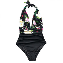 Load image into Gallery viewer, CUPSHE Navy Floral Deep V-neck Halter One-Piece Swimsuit Sexy Backless Lace Up Women Monokini 2020 Beach Bathing Suits Swimwear