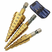 Load image into Gallery viewer, 3pc Hss step drill bit set cone hole cutter Taper metric 4 - 12 / 20mm 1 / 4 "titanium coated metal hex core drill bits (3PC412312420 Hexagonal)