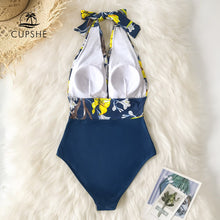 Load image into Gallery viewer, CUPSHE Navy Floral Deep V-neck Halter One-Piece Swimsuit Sexy Backless Lace Up Women Monokini 2020 Beach Bathing Suits Swimwear