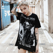 Load image into Gallery viewer, InsGoth Women Loose Black T-shirts Gothic Grunge Punk Harajuku Skull Peinted T-shirts Halloween Party Long Tops Female T-shirt