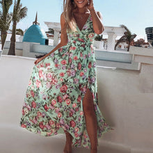 Load image into Gallery viewer, NEDEINS Women V Neck Split Dress Floral Print Long Summer Spaghetti Strap Party Pink Chiffon Elegant Casual Maxi Dresses Beach