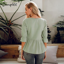 Load image into Gallery viewer, Simplee Ruffled lace embroidery women blouse shirt Elegant elastic sleeve female peplum top Summer casual ladies blouse shirt