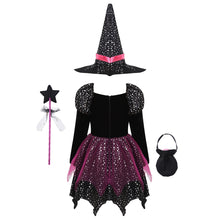 Load image into Gallery viewer, Kid Girls Halloween Witch Costume Sparkly Silver Stars Printed Carnival Cosplay Dress with Pointed Hat Wand Dress Up Clothes