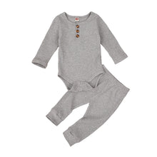 Load image into Gallery viewer, Baby Boys Girls 2PCS Outfit Button Long Sleeve Romper Jumpsuit Pants Solid Color Ribbed Autumn Winter Outfit 0-24M