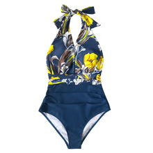 Load image into Gallery viewer, CUPSHE Navy Floral Deep V-neck Halter One-Piece Swimsuit Sexy Backless Lace Up Women Monokini 2020 Beach Bathing Suits Swimwear