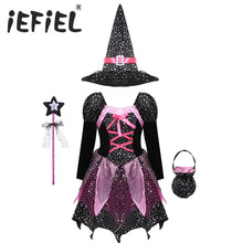 Load image into Gallery viewer, Kid Girls Halloween Witch Costume Sparkly Silver Stars Printed Carnival Cosplay Dress with Pointed Hat Wand Dress Up Clothes