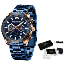 Load image into Gallery viewer, MEGALITH Sports Watches Men Aircraft Pointer Luminous Quartz Watch 30M Waterproof Blue Full Steel Military Wrist Watch With Box