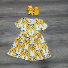 Load image into Gallery viewer, sring/summer Easter baby girls children clothes boutique milk silk dress bunny sunglass short sleeve knee length match bow