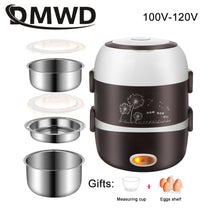 Load image into Gallery viewer, DMWD Mini Electric Rice Cooker Stainless Steel 2/3 Layers Steamer Portable Meal Thermal Heating Lunch Box Food Container Warmer