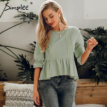 Load image into Gallery viewer, Simplee Ruffled lace embroidery women blouse shirt Elegant elastic sleeve female peplum top Summer casual ladies blouse shirt