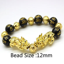 Load image into Gallery viewer, Feng Shui Black Beads Alloy Wealth Bracelet Unisex Wristband Gold Black Pixiu Wealth and Good Luck Women Men Bracelet