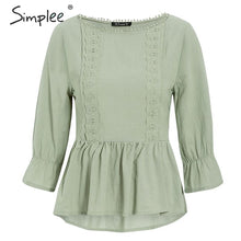 Load image into Gallery viewer, Simplee Ruffled lace embroidery women blouse shirt Elegant elastic sleeve female peplum top Summer casual ladies blouse shirt