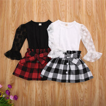 Load image into Gallery viewer, 1-6Y Fashion Children Girls Clothing Sets Autumn Kids Girls Lace Mesh Flare Sleeve T-shirts+Plaid A-line Skirts Xmas Clothes