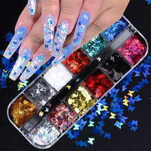 Load image into Gallery viewer, 12 Grid/Set Holographic Nail Glitter Sequins Sparkly 3D Thin Butterfly Flakes Polish Decor for Nail Art Accessories LA1558-1