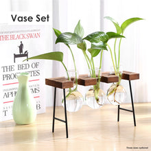 Load image into Gallery viewer, Glass and Wood Vase Planter Terrarium Table Desktop Hydroponics Plant Bonsai Flower Pot Hanging Pots with Wooden Tray Home Decor
