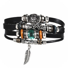 Load image into Gallery viewer, IF ME Vintage Leaf Feather Multilayer Leather Bracelet Men Fashion Braided Handmade Star Rope Wrap Bracelets & Bangles Male Gift