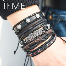 Load image into Gallery viewer, IF ME Vintage Leaf Feather Multilayer Leather Bracelet Men Fashion Braided Handmade Star Rope Wrap Bracelets & Bangles Male Gift