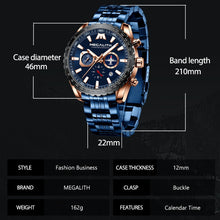 Load image into Gallery viewer, MEGALITH Sports Watches Men Aircraft Pointer Luminous Quartz Watch 30M Waterproof Blue Full Steel Military Wrist Watch With Box