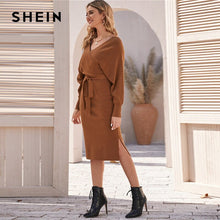 Load image into Gallery viewer, SHEIN Brown V Neck Cut Out Back Sweater Dress With Belt Women Spring Batwing Sleeve Solid WraP Front Stretchy Elegant Dresses