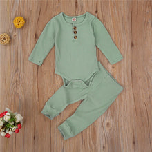 Load image into Gallery viewer, Baby Boys Girls 2PCS Outfit Button Long Sleeve Romper Jumpsuit Pants Solid Color Ribbed Autumn Winter Outfit 0-24M