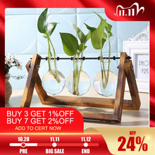 Load image into Gallery viewer, Glass and Wood Vase Planter Terrarium Table Desktop Hydroponics Plant Bonsai Flower Pot Hanging Pots with Wooden Tray Home Decor