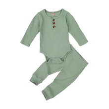 Load image into Gallery viewer, Baby Boys Girls 2PCS Outfit Button Long Sleeve Romper Jumpsuit Pants Solid Color Ribbed Autumn Winter Outfit 0-24M