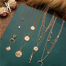 Load image into Gallery viewer, Bohemian Multi Layered Necklace for Women Vintage Portrait Coin Star Moon Pendant Necklace Geometric Collier Collares