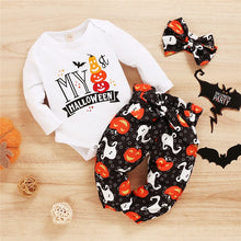 Load image into Gallery viewer, Baby Boy Girl Halloween Suit Set Pumkkin Print Round Neck Long Sleeve Baby Romper+ Trousers+ Headband 3 Pcs Outfit