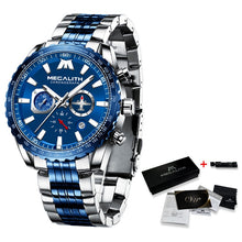 Load image into Gallery viewer, MEGALITH Sports Watches Men Aircraft Pointer Luminous Quartz Watch 30M Waterproof Blue Full Steel Military Wrist Watch With Box