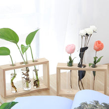 Load image into Gallery viewer, Glass and Wood Vase Planter Terrarium Table Desktop Hydroponics Plant Bonsai Flower Pot Hanging Pots with Wooden Tray Home Decor