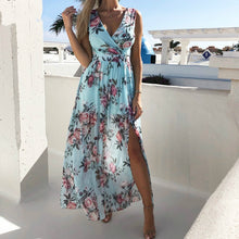 Load image into Gallery viewer, NEDEINS Women V Neck Split Dress Floral Print Long Summer Spaghetti Strap Party Pink Chiffon Elegant Casual Maxi Dresses Beach