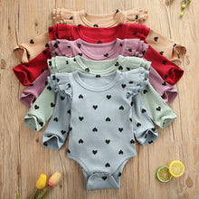 Load image into Gallery viewer, Baby Heart Print Ruffles Romper clothing Infant Newborn Girls Valentine's Day Jumpsuit autumn rib knit clothing Outfits Clothes
