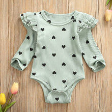 Load image into Gallery viewer, Baby Heart Print Ruffles Romper clothing Infant Newborn Girls Valentine's Day Jumpsuit autumn rib knit clothing Outfits Clothes
