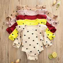Load image into Gallery viewer, Baby Heart Print Ruffles Romper clothing Infant Newborn Girls Valentine's Day Jumpsuit autumn rib knit clothing Outfits Clothes
