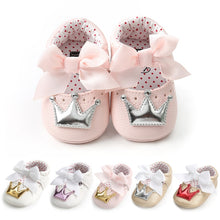 Load image into Gallery viewer, Baby Shoes Girl Princess Bling Crown Bowknot Toddler PU Rubber Sole Anti-slip First Walkers Infant Newborn Crib Shoes Moccasins
