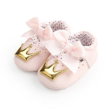 Load image into Gallery viewer, Baby Shoes Girl Princess Bling Crown Bowknot Toddler PU Rubber Sole Anti-slip First Walkers Infant Newborn Crib Shoes Moccasins
