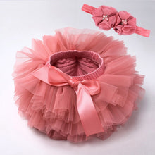 Load image into Gallery viewer, Baby girl tutu skirt 2pcs tulle lace bloomers diaper cover Newborn infant outfits  Mauv headband flower set Baby mesh bloomer
