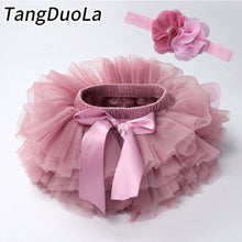Load image into Gallery viewer, Baby girl tutu skirt 2pcs tulle lace bloomers diaper cover Newborn infant outfits  Mauv headband flower set Baby mesh bloomer
