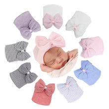 Load image into Gallery viewer, Big Bows Hospital Chiffon Newborn Hats Knitted Soft New Born Nursing Beanie Hat Photo Props Newborn Accessories for 0-6M Girls
