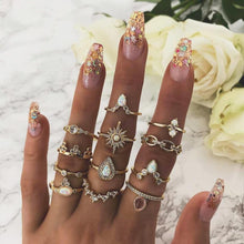 Load image into Gallery viewer, 15 Pcs/set Women Fashion Rings Hearts Fatima Hands Virgin Mary Cross Leaf Hollow Geometric Crystal Ring Set Wedding Jewelry
