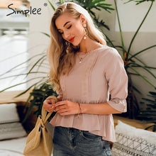 Load image into Gallery viewer, Simplee Ruffled lace embroidery women blouse shirt Elegant elastic sleeve female peplum top Summer casual ladies blouse shirt
