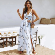 Load image into Gallery viewer, NEDEINS Women V Neck Split Dress Floral Print Long  Summer Spaghetti Strap Party Pink Chiffon Elegant Casual Maxi Dresses Beach
