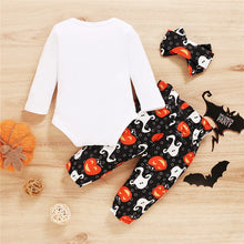 Load image into Gallery viewer, Baby Boy Girl Halloween Suit Set Pumkkin Print Round Neck Long Sleeve Baby Romper+ Trousers+ Headband 3 Pcs Outfit
