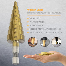 Load image into Gallery viewer, 3pc Hss step drill bit set cone hole cutter Taper metric 4 - 12 / 20mm 1 / 4 "titanium coated metal hex core drill bits
