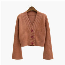 Load image into Gallery viewer, 2020 Cardigan Autumn Long Flare Sleeve Short  Sweater Women Ribbed Knitted Cotton Tops Black White Ladies Soft Outwear Female
